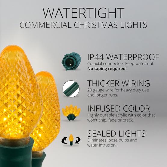Commercial 25 C7 Gold LED Christmas Lights, 12" Spacing