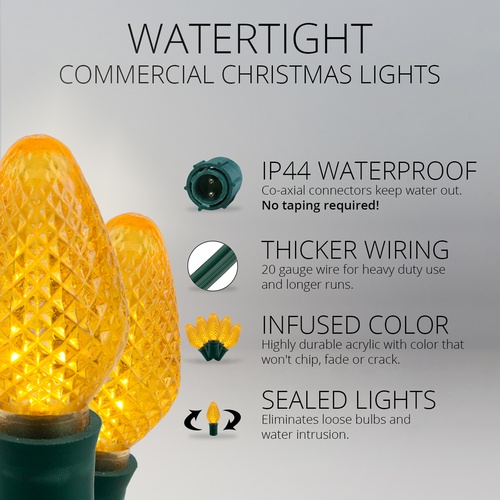 Commercial 25 C7 Gold LED Christmas Lights, 12" Spacing