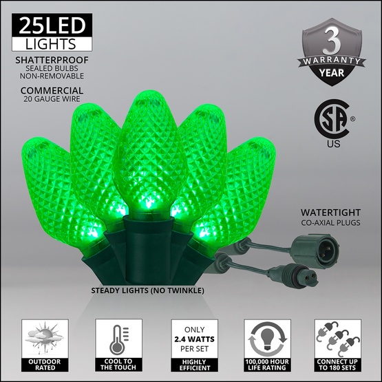 Commercial 25 C7 Green LED Christmas Lights, 6" Spacing