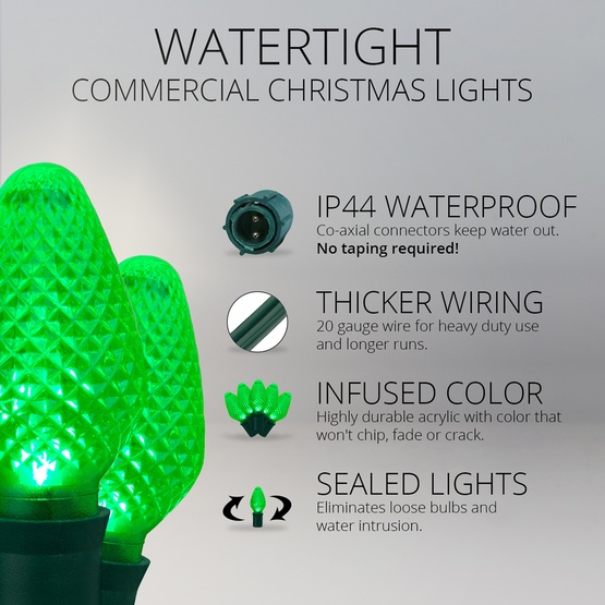 Commercial 25 C7 Green LED Christmas Lights, 6" Spacing