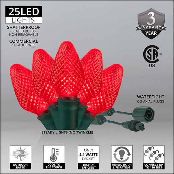 Commercial 25 C7 Red LED Christmas Lights, 12" Spacing