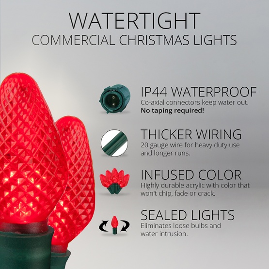Commercial 25 C7 Red LED Christmas Lights, 12" Spacing