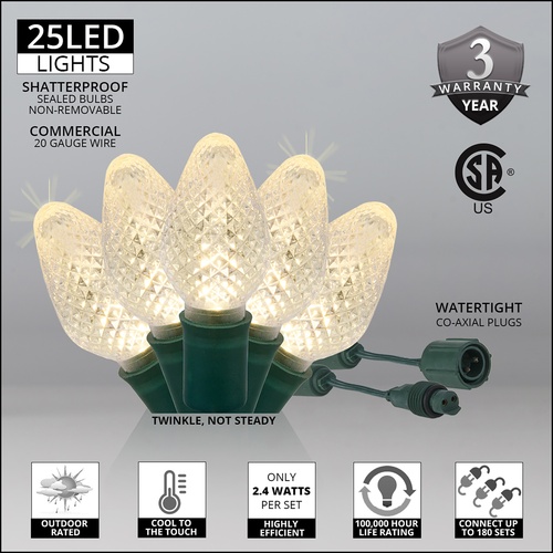 Commercial 25 C7 Warm White Twinkle LED Christmas Lights, 12" Spacing
