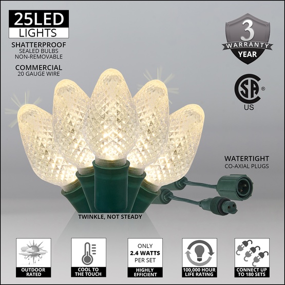 Commercial 25 C7 Warm White Twinkle LED Christmas Lights, 12" Spacing