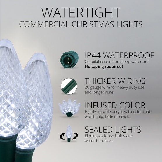 Commercial 25 Cool White C9 LED Christmas Lights, 12" Spacing