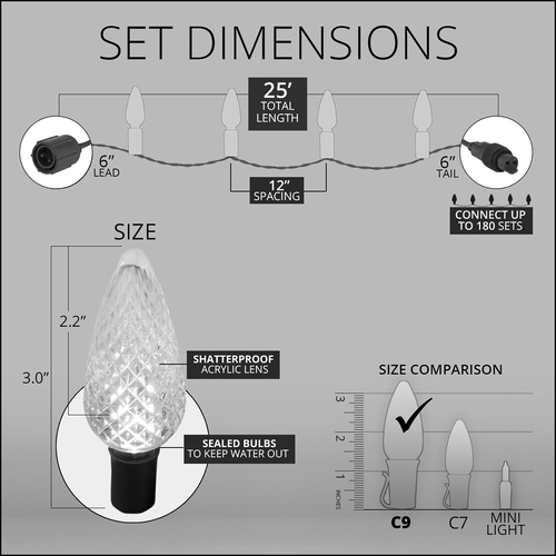 Commercial 25 Warm White C9 LED Christmas Lights, 12" Spacing