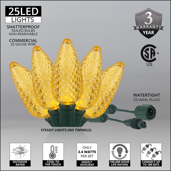 Commercial 25 Gold C9 LED Christmas Lights, 12" Spacing