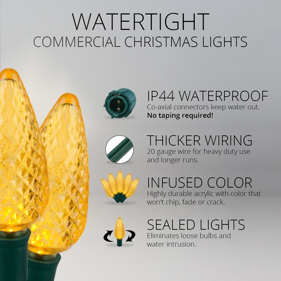 Commercial 25 Gold C9 LED Christmas Lights, 12" Spacing