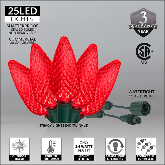 Commercial 25 Red C9 LED Christmas Lights, 12" Spacing