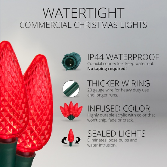 Commercial 25 Red C9 LED Christmas Lights, 12" Spacing