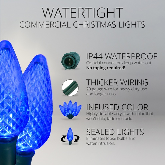 Commercial 25 Sapphire Blue C9 LED Christmas Lights, 12" Spacing
