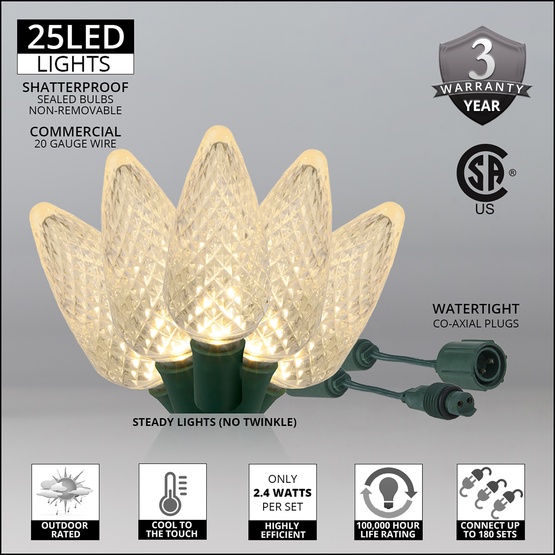 Commercial 25 Warm White C9 LED Christmas Lights, 12" Spacing