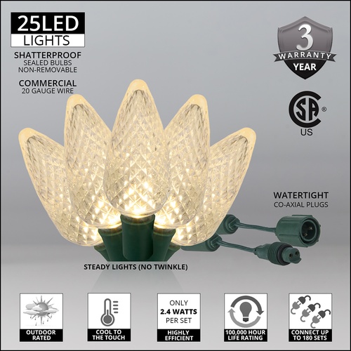 Commercial 25 Warm White C9 LED Christmas Lights, 12" Spacing
