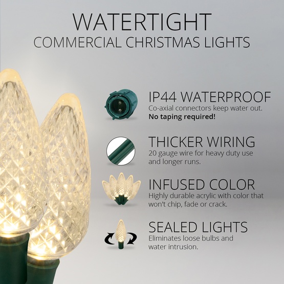 Commercial 25 Warm White C9 LED Christmas Lights, 12" Spacing