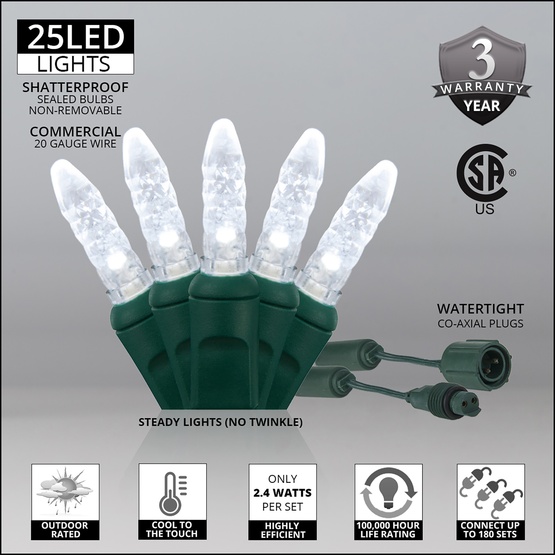 Commercial 25 M5 Cool White LED Christmas Lights, 4" Spacing
