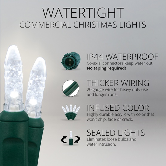 Commercial 25 M5 Cool White LED Christmas Lights, 4" Spacing