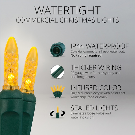 Commercial 25 M5 Gold LED Christmas Lights, 4" Spacing