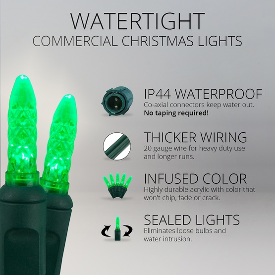 Commercial 25 M5 Green LED Christmas Lights, 4" Spacing