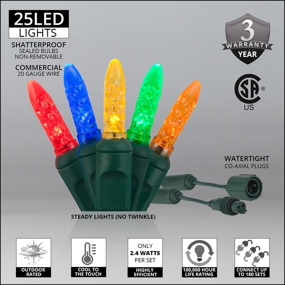 Commercial 25 M5 Multi Color LED Christmas Lights, 4" Spacing