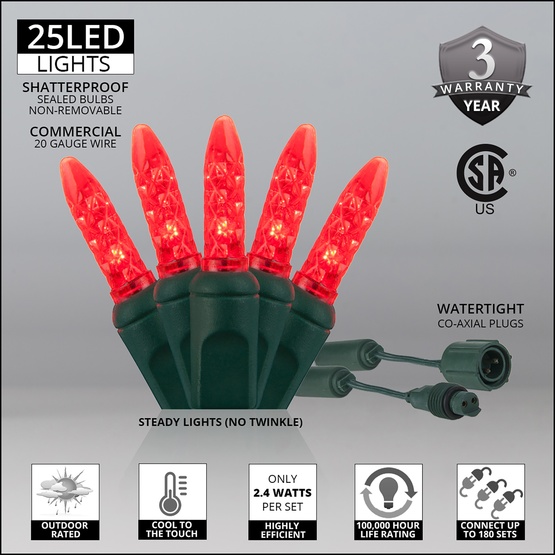 Commercial 25 M5 Red LED Christmas Lights, 4" Spacing