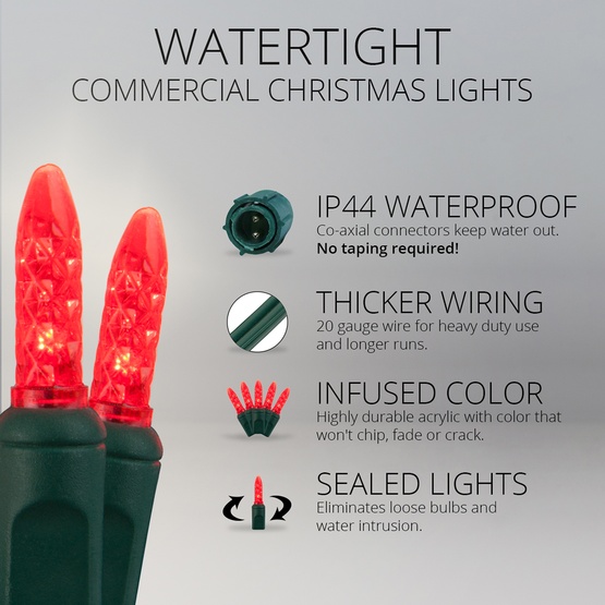 Commercial 25 M5 Red LED Christmas Lights, 4" Spacing