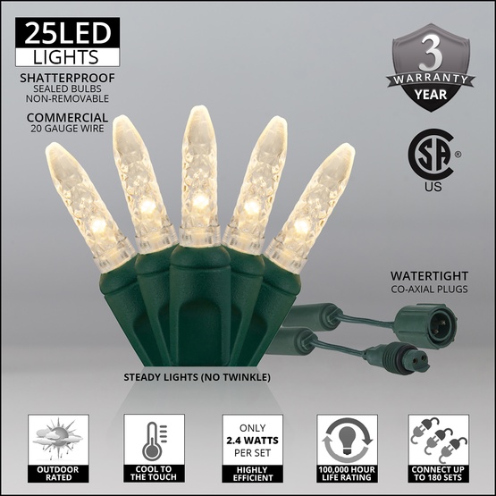 Commercial 25 M5 Warm White LED Christmas Lights, 4" Spacing