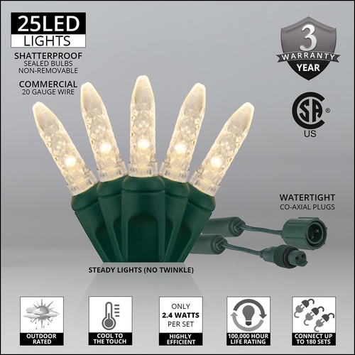 Commercial 25 M5 Warm White LED Christmas Lights, 4" Spacing