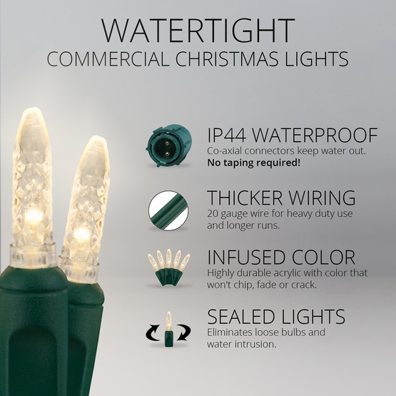 Commercial 25 M5 Warm White LED Christmas Lights, 4" Spacing