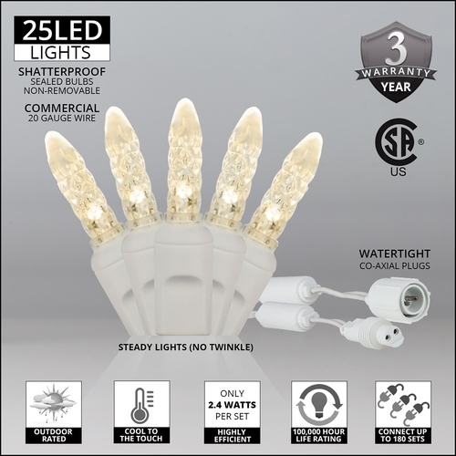 Commercial M5 Warm White LED Christmas Lights, White Wire