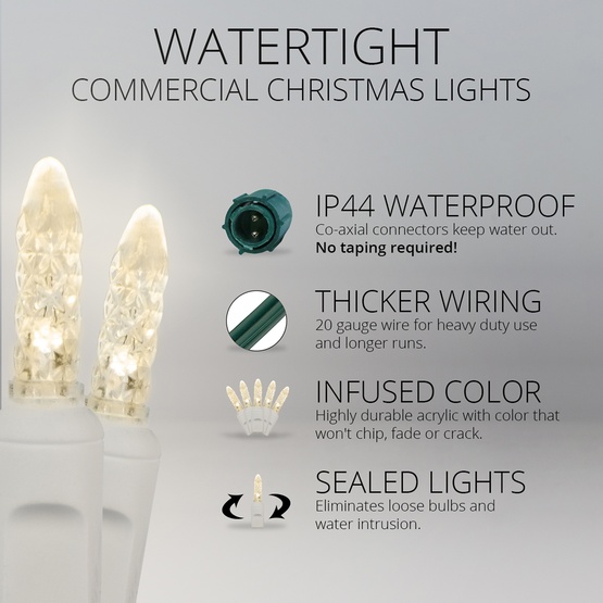 Commercial 25 M5 Warm White LED Christmas Lights, 4" Spacing, White Wire