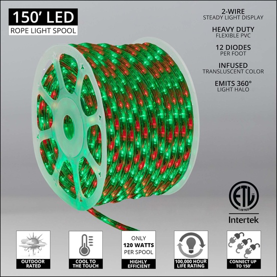 150' Red, Green LED Rope Light, 2 Wire 1/2", 120 Volt