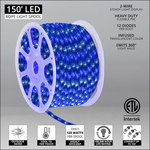 LED Rope Lights 150' Blue, Cool White LED Rope Light Commercial Spool