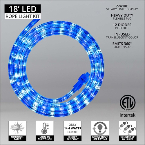 18' Blue, Cool White LED Rope Light, 2 Wire 1/2", 120 Volt
