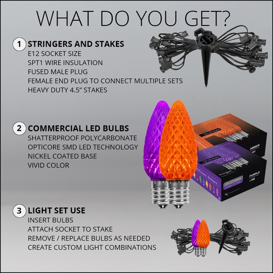 C9 Amber / Purple OptiCore LED Pathway Lights, 100 Lights, 4.5 Inch Stakes, 100'