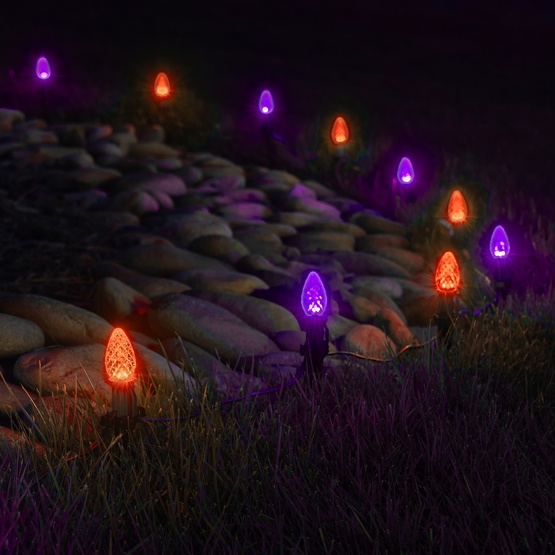 C7 Amber / Purple OptiCore LED Halloween Pathway Lights, 50 Lights, 50', 5 Inch PathPRO Stakes