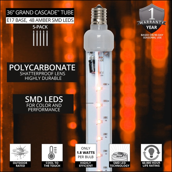 36" T8 120V Amber Grand Cascade SMD LED Light Tubes, E17 Base