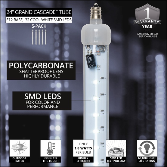 24" T8 120V Cool White Grand Cascade SMD LED Light Tubes, E12 Base