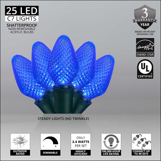 25 C7 Blue LED Christmas Lights, 8" Spacing