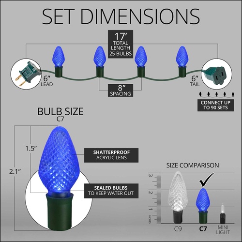 25 C7 Blue LED Christmas Lights, 8" Spacing