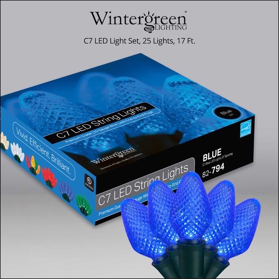 25 C7 Blue LED Christmas Lights, 8" Spacing