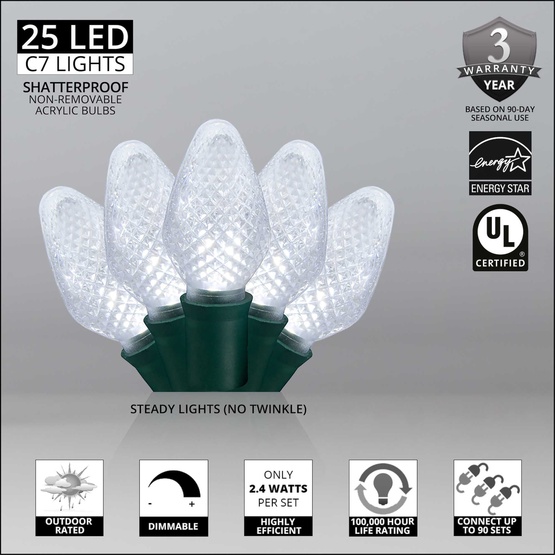 25 C7 Cool White LED Christmas Lights, 8" Spacing