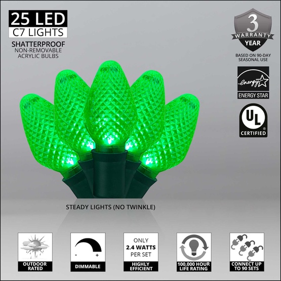25 C7 Green LED Christmas Lights, 8" Spacing
