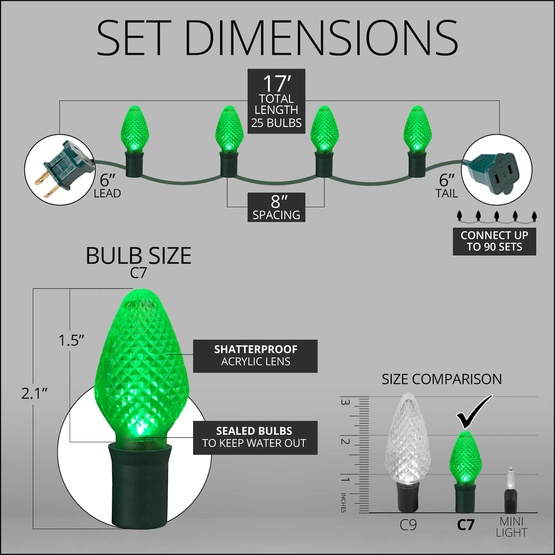 25 C7 Green LED Christmas Lights, 8" Spacing