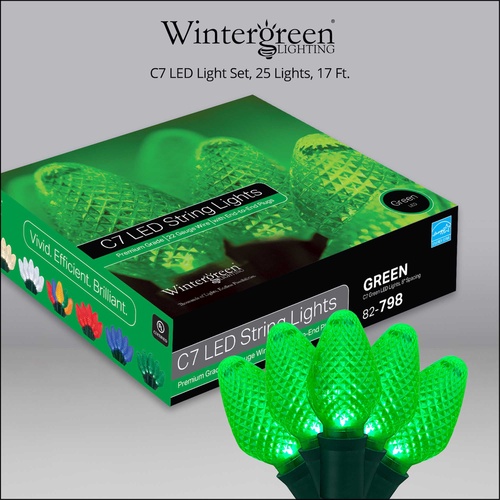 25 C7 Green LED Christmas Lights, 8" Spacing