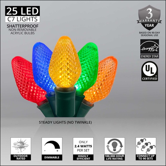 25 C7 Multi Color LED Christmas Lights, 8" Spacing