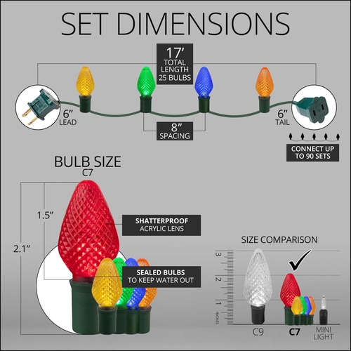25 C7 Multi Color LED Christmas Lights, 8" Spacing