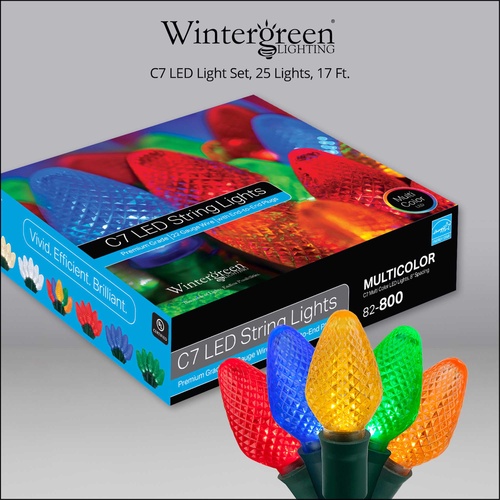 25 C7 Multi Color LED Christmas Lights, 8" Spacing