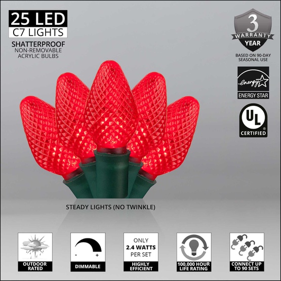 25 C7 Red LED Christmas Lights, 8" Spacing