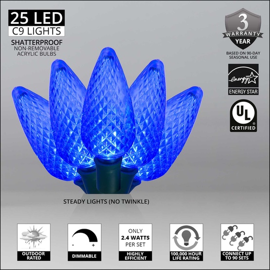 25 C9 Blue LED Christmas Lights, 8" Spacing