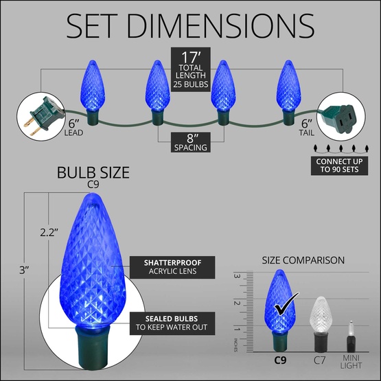 25 C9 Blue LED Christmas Lights, 8" Spacing